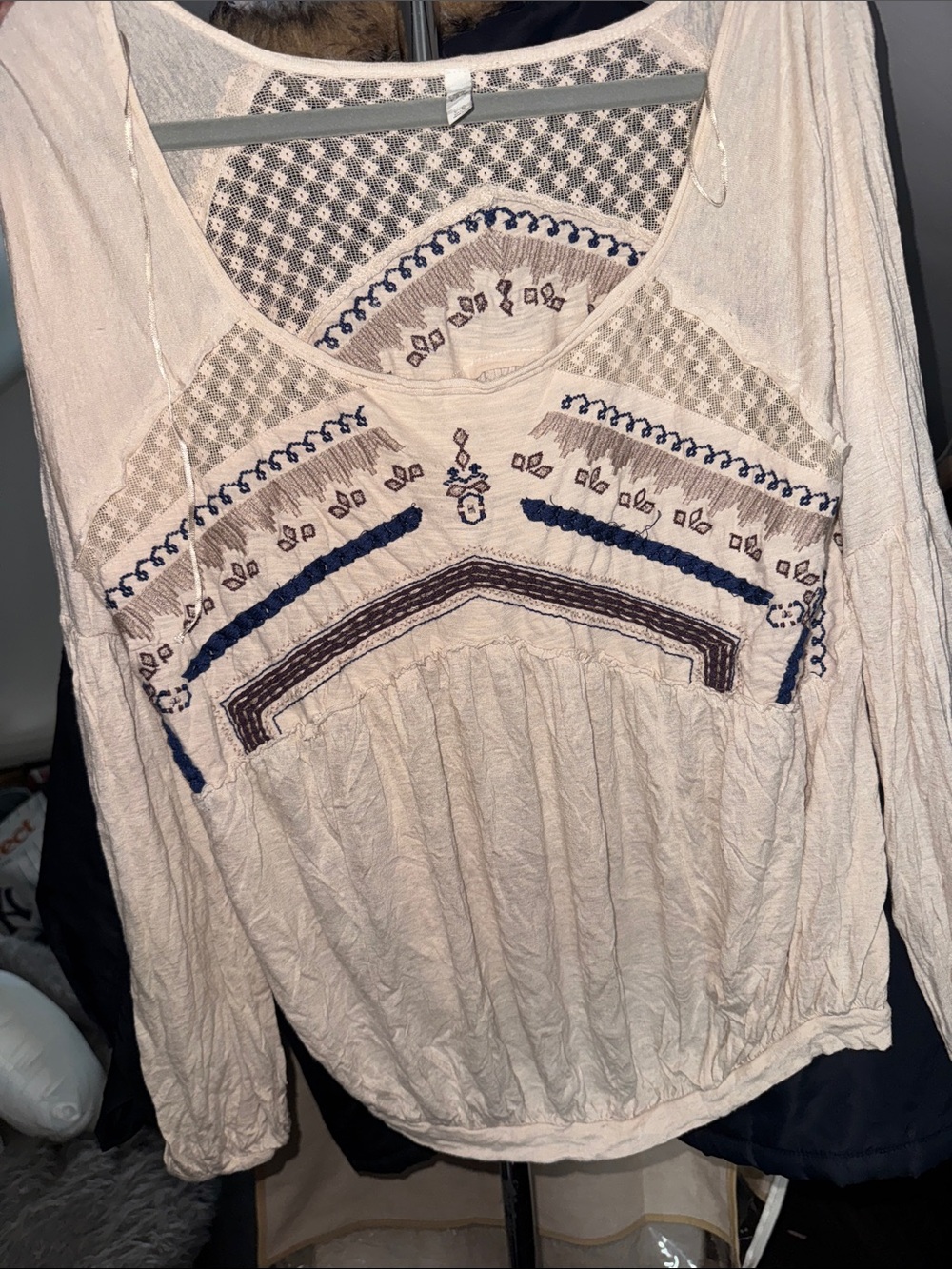 Free People Cream Boho Embroidered Long-Sleeve Blouse